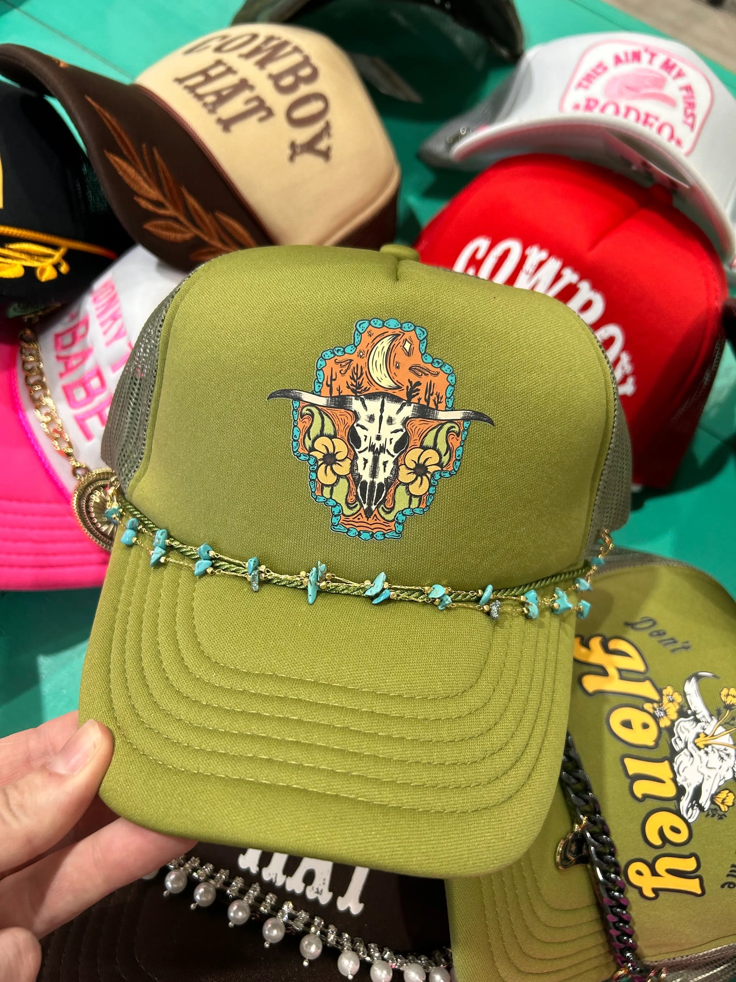 Turquoise Skull Trucker