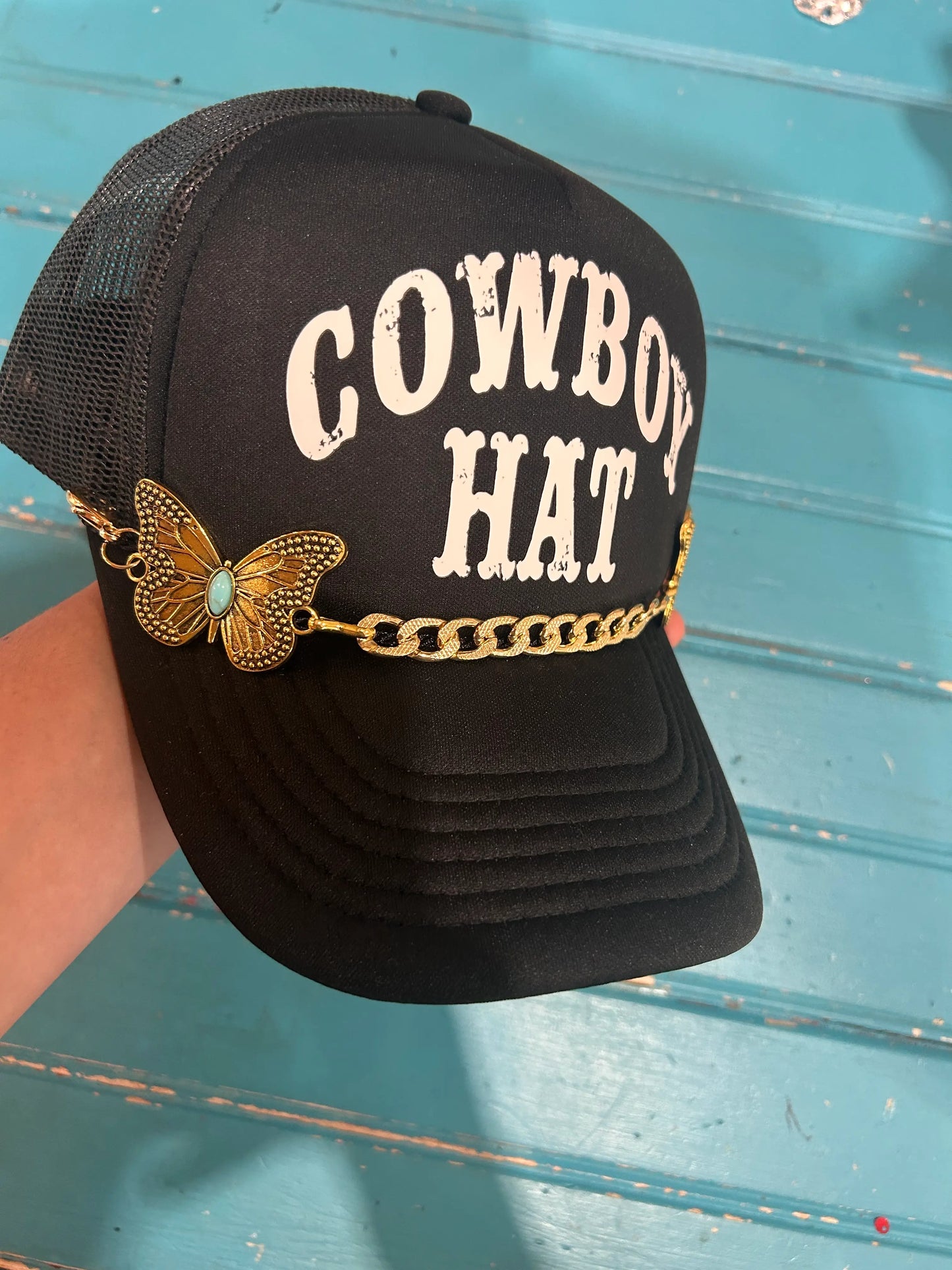 Turquoise Embossed Butterfly Trucker Hat Chain