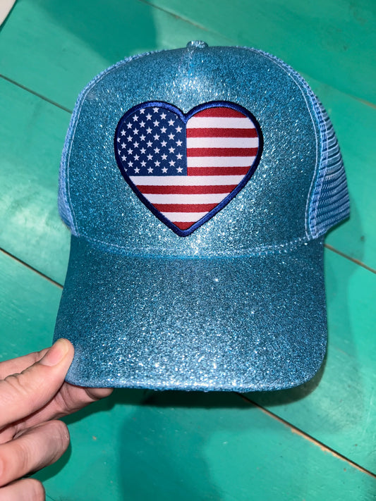 American Flag Heart Patched Glitter Ponytail