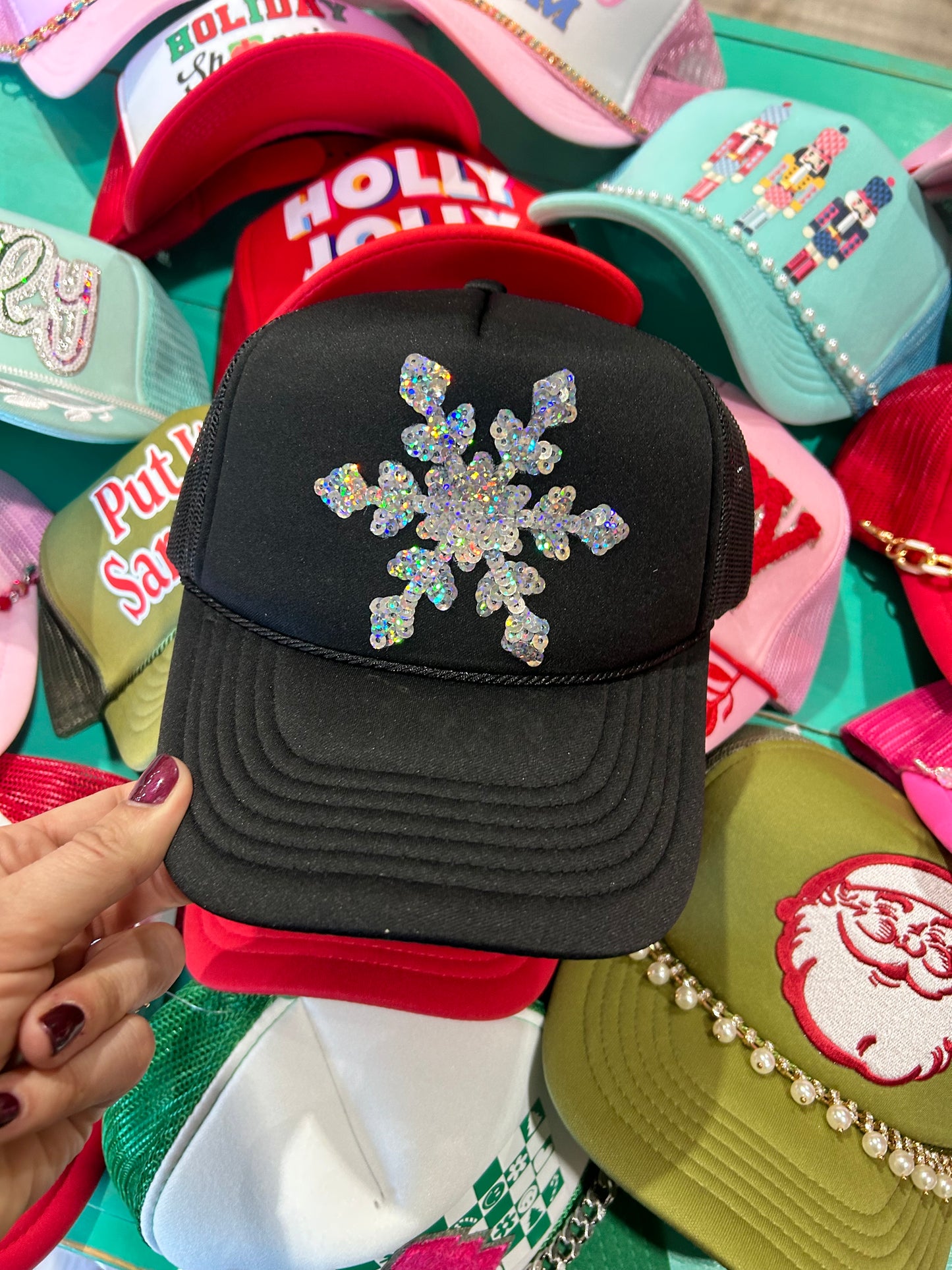 Sequin Snowflake Trucker Hat