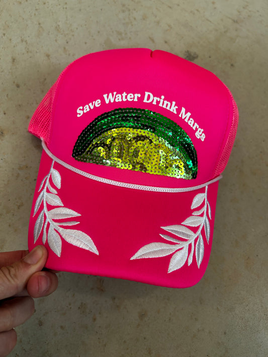 Drink Margs Sequin Lime Trucker