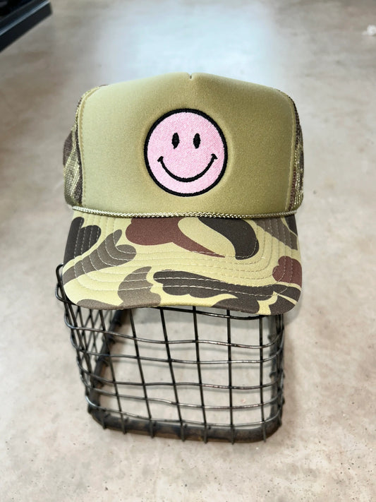 Pink Smiley Camo Trucker