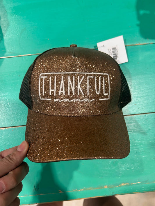 Thankful Mama Glitter Ponytail Cap