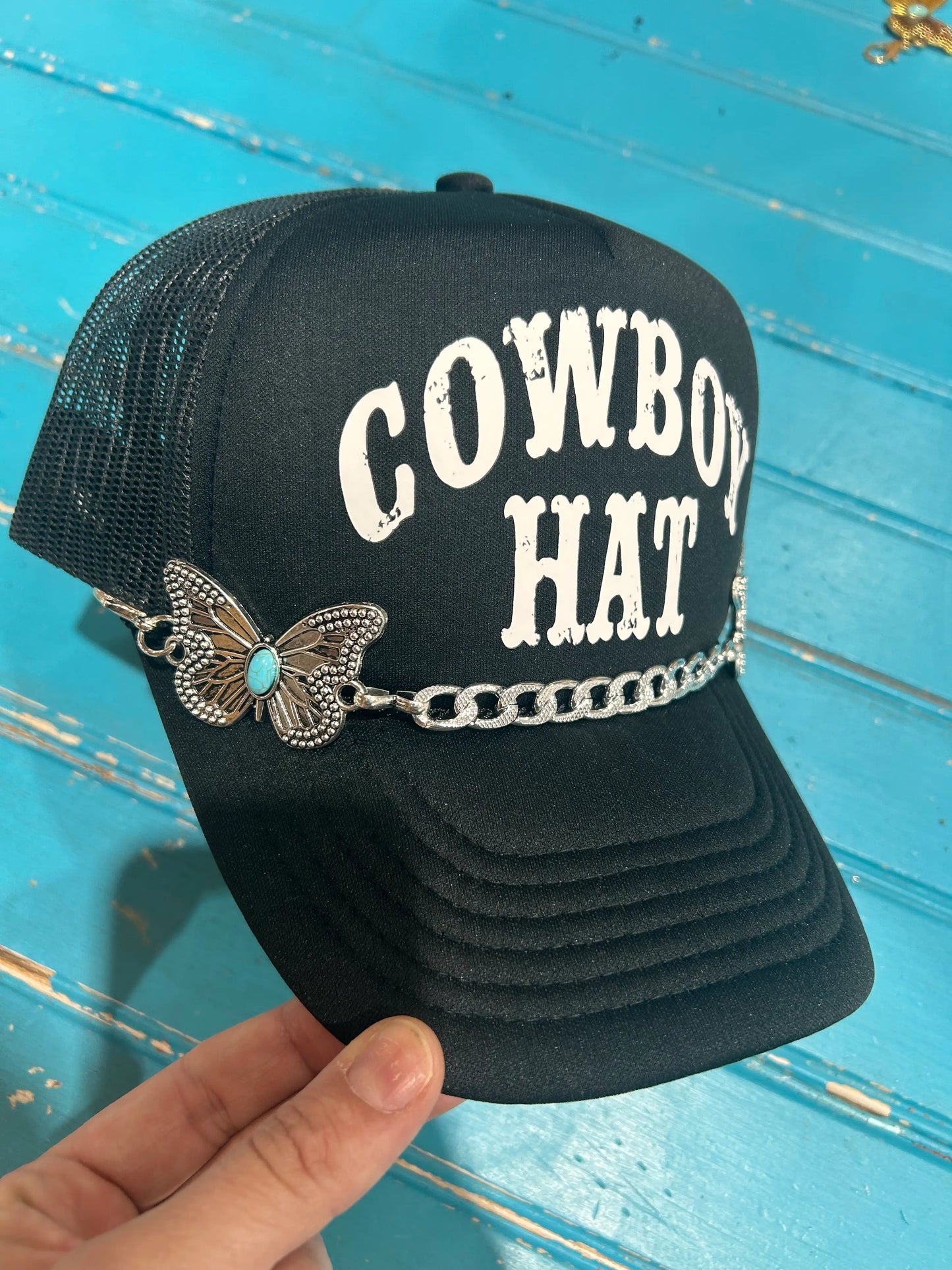 Turquoise Embossed Butterfly Trucker Hat Chain
