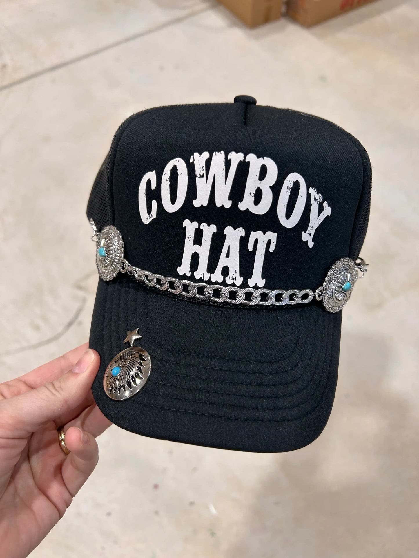 Turquoise & Embossed Silver Circle Trucker Hat Chain